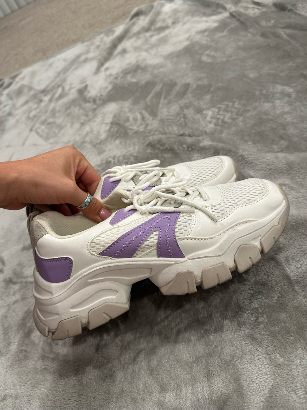 White Lavender Chunky Platform Dad Sneakers Purple Mesh